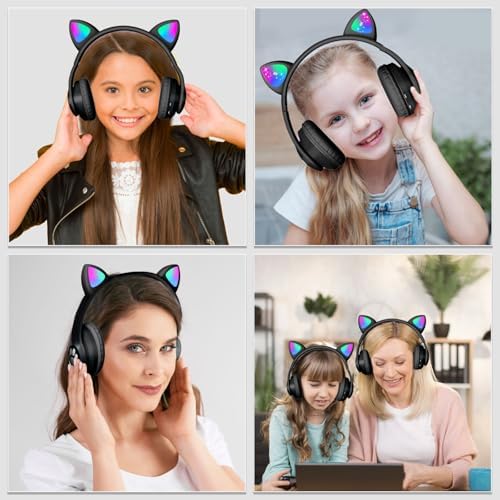 Playful Cat Ear Bluetooth Headphones for Kids – Foldable Over-Ear Design with LED Lights, Safe Listening Volume Control, Built-in Microphone, and Multi-Device Connectivity – Ideal for Music, Movies, and Gaming on i Phones, i Pads, Smartphones, and More!