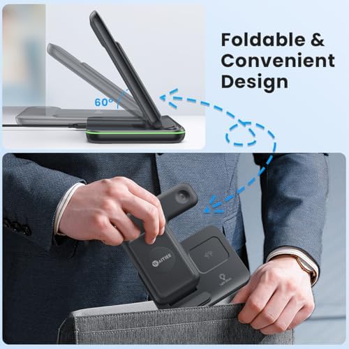 WAITIEE 3-in-1 Wireless Charging Station for i Phone, Apple Watch & Air Pods – Fast, Stylish Blue Charger with Enhanced Compatibility for i Phone 16, 15, 14, 13, 12, 11, X, 8 & Air Pods Pro – Ultimate Travel-Friendly Charging Solution with Safety Features