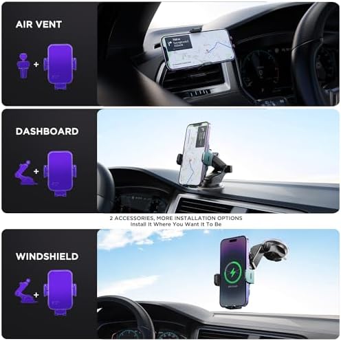 High-Speed Wireless Car Charger with Auto-Clamping Phone Mount and RGB Backlight – 15 W Qi-Compatible Charging for i Phone 15, 14, 13, 12 Mini, Pro Max, 11, XR, X, Samsung Galaxy S23 Ultra, S22, S21+ – Sleek Silver Design for Enhanced Aesthetics and Safety on the Road