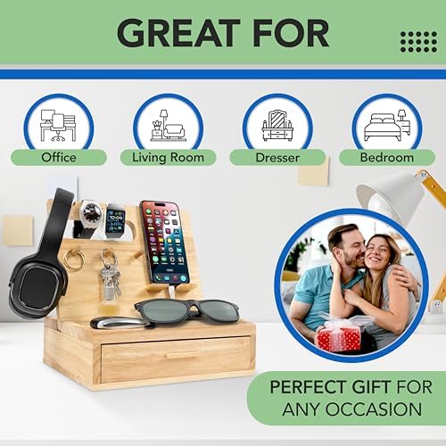 Nightstand Organizer- Rustic Bedside Organizer with Drawer for Cellphone, Watches, Headphone, Sunglasses, & Accessories- Makes an Ideal Gift for Dad or Son – Enhanced Compatibility and Speed