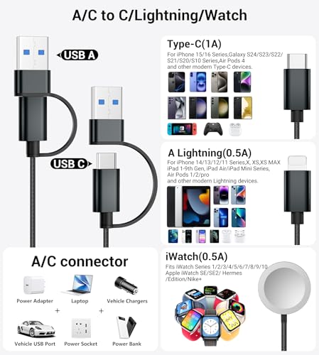 Temdan 2-Pack 5 ft 3-in-1 Charging Cable for Apple Devices – Ultimate Travel Solution with USB A, Type C & Lightning Connectors for i Phone 12-16, i Pad, and Apple Watch Ultra & SE – Durable, Versatile, and Hassle-Free Power Anywhere