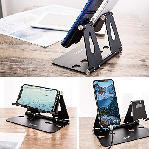 Aceyoon Ergonomic Aluminum Tablet & Phone Stand – Versatile Dual Device Holder for i Pads and Smartphones, Adjustable Viewing Angles for Optimal Comfort, Portable and Foldable Design Perfect for Home Office, Sleek Matte Black Finish Enhancing Modern Workspaces