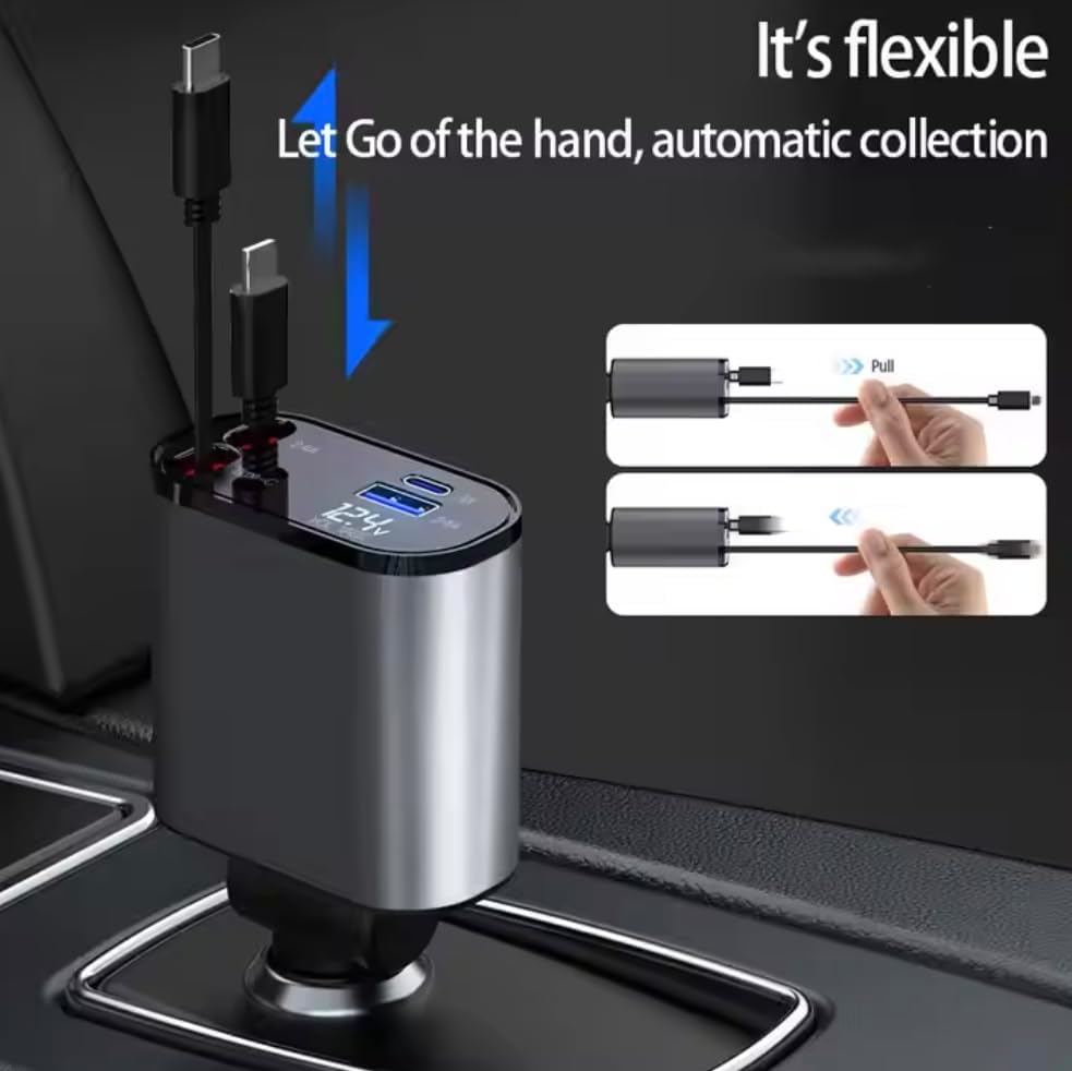 Ultimate 4-in-1 Retractable Car Charger with Dual USB Ports – 120 W Fast Charging Adapter for i Phone, Samsung Galaxy & Pixel Devices – Tangle-Free Design for Optimal On-the-Go Convenience and Universal Compatibility