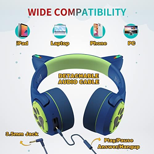 Riwbox CF9 Cat Ear Bluetooth Headphones for Kids – Safe 85 d B Volume Limit, Fun LED Light-Up Design, Dual Microphones for Clear Calls, Perfect for Tablets, Schools, Air Travel & Remote Learning, Lightweight Comfort in Trendy Purple