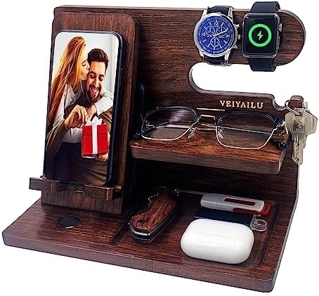 Gifts for Dad Men Mom Women from Daughter Son Birthday Gifts Nightstand Organizer Mens Wood Phone Docking Station (Black) – Enhanced Compatibility and Speed