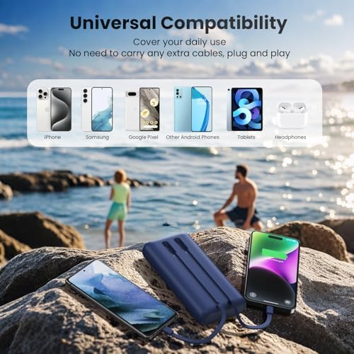 Ultra-High Capacity 40800 m Ah Portable Charger with Built-In Cables – 25 W PD USB C Fast Charging Power Bank – 5 Outputs & Dual Input for i Phone 16/15/14/13 & Samsung S23 – Stylish Pink Design for On-the-Go Charging Solutions