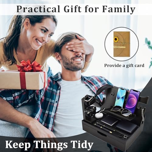 Nightstand Organizer for Men with Large Drawer, Birthday Gifts for Men, Phone Docking Station, Bedside Organizer for Nightstand for Apple Watch, Laptop (Brown, Solid Wood) – Enhanced Compatibility and Speed
