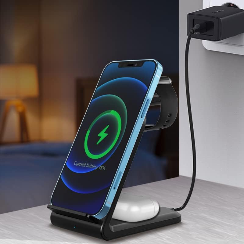 Effortless Power Management: 3-in-1 Qi-Certified Wireless Charging Dock for i Phone, Apple Watch, and Air Pods – High-Speed Multi-Device Charger with Wall Adapter for Seamless Compatibility and Sleek Design