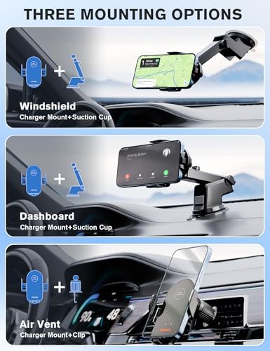 15 W Fast Wireless Car Charger with Auto-Clamping Technology – 3-in-1 Versatile Phone Mount for i Phone 15/14/13/12 & Galaxy S23/S22/S21/S10+ – Efficient Dashboard, Vent, and Windshield Holder in Stylish Black for Ultimate Smartphone Compatibility and Convenience