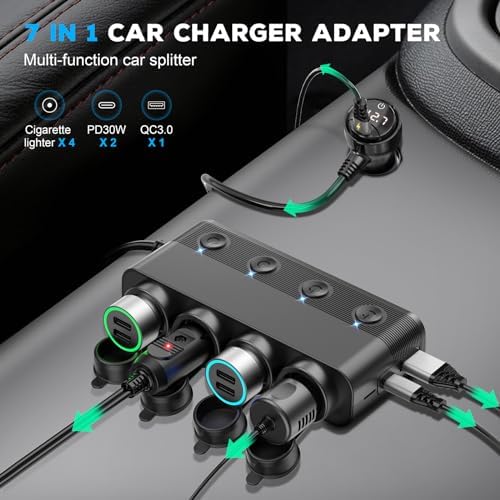 Power Up Your Journey: 300 W 4-Socket Cigarette Lighter Splitter Car Charger with Dual PD 36 W and QC3.0 USB-C Ports, Independent Switches, Dust Cover, and Voltmeter for Fast Charging of All Devices – Perfect for Road Trips and Daily Commutes