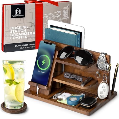 Black Wood Phone Docking Station with Drawer, Compatible with Apple Watch – Wood Charging Station Organizer Stand, Bedside Nightstand Organizer for Men, Holds, Tablet, Glasses, Keys, EDC – Enhanced Compatibility and Speed