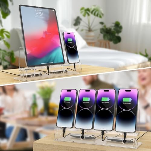 Cell Phone Stand, Multiple Phone Holder Organizer Stand for 4 Phones, Acrylic Desktop Mobile Phone Docking Station Charging Holder (Clear) – Enhanced Compatibility and Speed