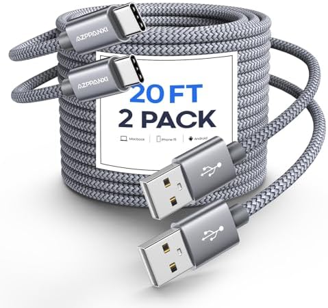 Elevate Your Charging Game with Our 20 Ft USB C Cable – Fast Charging & Data Sync for i Phone 15 Pro Max, Samsung Galaxy & More – Sturdy Double Braided Nylon Design for Ultimate Durability – Perfect for Home, Office, and Travel Needs