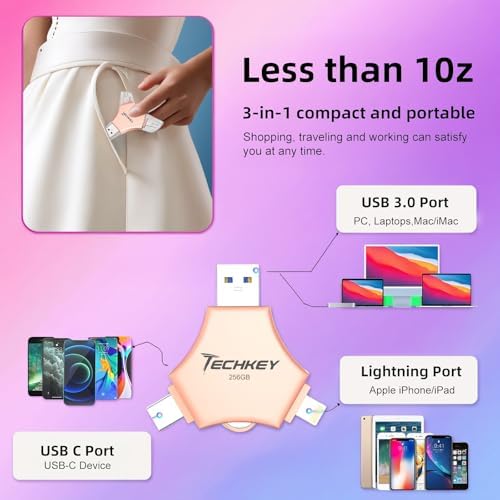 MFi Certified 256 GB 3-in-1 USB 3.0 Flash Drive – Versatile Memory Stick for i Phone, i Pad, Android & PC – Ultra-Fast Data Transfer with Enhanced Security Features – Compact, Lightweight Design for On-the-Go Backup & Sharing – Ideal Photo, Video & File Storage Solution in Elegant Rose Gold