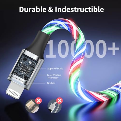 Illuminate Your Charging Experience: 6 ft LED Light-Up MFi Certified i Phone Charger Cable – Fast Charging for i Phone 14, 13, 12, 11 Pro Max, XR, X, SE, 8 Plus, i Pad & i Pod (Vibrant Purple) – Stylish, Durable, and Convenient Performance