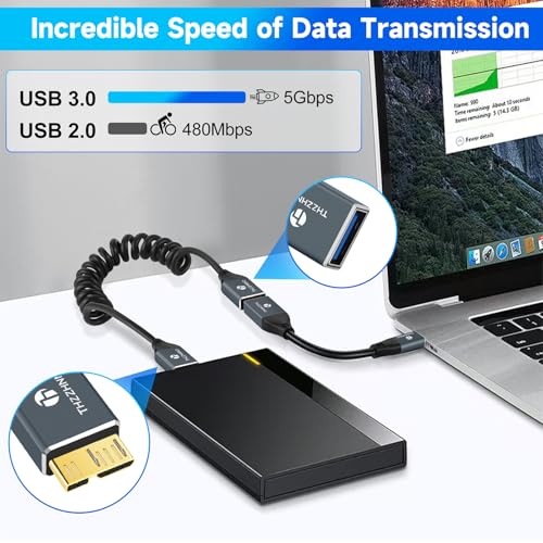 Retractable Coiled USB B to USB C Cable for High-Speed Data Transfer – 5 Gbps Compatibility with Mac, PC, Laptops, MIDI Keyboards, and DJ Controllers – Adjustable Length from 0.75 FT to 3.3 FT for Effortless Connectivity and Organization