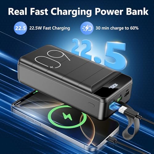High-Capacity 60000 m Ah Power Bank with 22.5 W Fast Charging, 4 Device Outputs & 3 Input Options, LED Display & Built-in Flashlight – Ultimate Portable Charger for All Electronic Devices