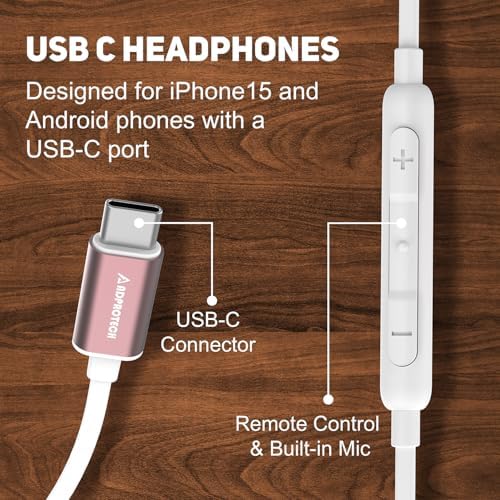 Elevate Your Sound Experience: Premium Red Pear Wood USB C Headphones for i Phone 16 – Hi-Fi Stereo Type C Earbuds with Built-in Remote & Microphone – Luxurious Rose Gold Finish for Unmatched Audio Clarity on i Phone 16/15 Pro Max, Galaxy S23, i Pad – Comfortable Wired Earphones for Audiophiles and Professionals