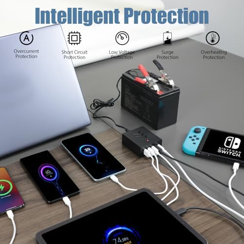 Le Motech Ultra-Fast Multi-Port USB Power Adapter – Compact 12 V/24 V to 5 V DC Converter for i Phone, Android, and Tablets – Versatile Charging Station for Travel and Outdoor Use – Reliable Power Solution with Four USB Ports for Quick Device Charging