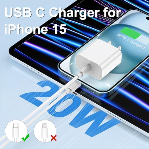 Dual Pack 20 W USB-C Fast Charger for i Phone 16/15 with 10 FT Long Cable – Superior Compatibility and Rapid Charging Solution for i Pad Pro 12.9/11 inch, i Pad Mini 6, Air 4 – Enhance Your Mobile Experience with Unmatched Speed and Flexibility