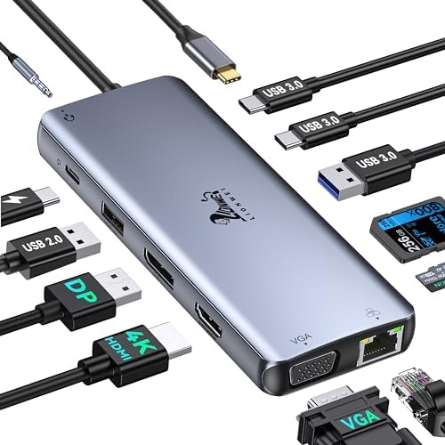 Unleash Your Potential with the LIONWEI 12-in-1 USB-C Docking Station – Ultimate Dual Monitor Adapter for Dell, HP & Surface Laptops – Triple Display Hub Featuring HDMI, Display Port, VGA, 100 W Power Delivery, 4 USB Ports, Ethernet, SD/TF Card Slots & Audio – The Essential Connectivity Solution for Professionals and Creatives on the Move