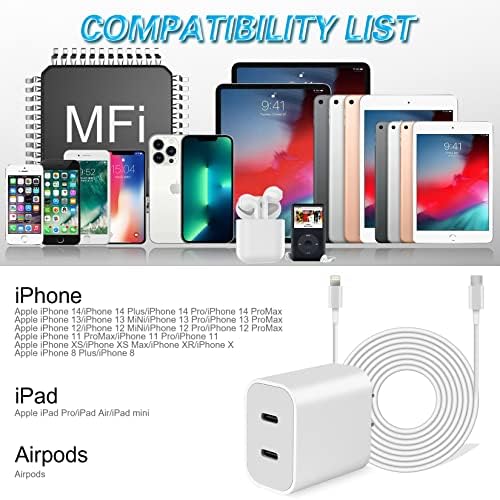 Ultra-Fast Dual Port USB-C i Phone Charger with 10 FT Quick Lightning Cables – High-Efficiency Charging Block for i Phone 14 Pro Max, 13 Pro, 12, 11, XS, XR, 8, SE – Ideal for Home and Travel, 2-Pack for Maximum Convenience and Speed