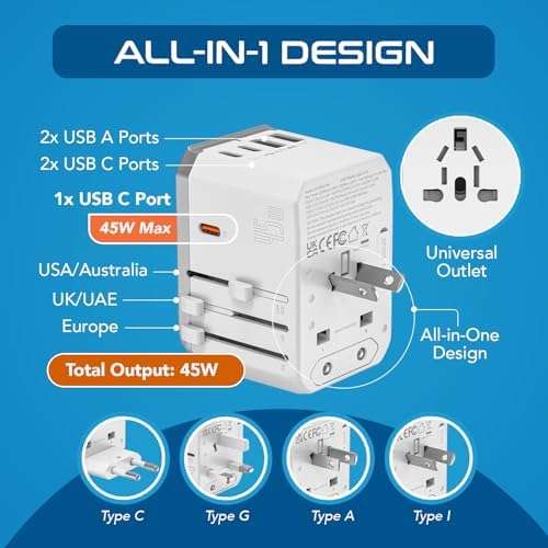 Compact Travel Power Adapter Set for Brazil, Peru & Chile – 20 W Dual USB & USB-C Charger with 2 USA Sockets – Fast Charging with Type C & N Attachments – Portable Plug Converter for Global Travelers – Stay Connected Anywhere