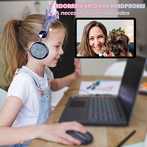 Light Purple Unicorn Cat Ear Bluetooth Headphones for Kids – Safe Listening with Volume Limiting, FM Radio & Dual Connectivity for Fun Learning and Entertainment – Ideal for School, Laptops, and Smartphones