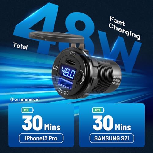 Anina Dual USB High-Voltage Charger 2-Pack (10 V-60 V) – Fast Charging for Golf Carts, Trucks, RVs, and Marine – 30 W Power Delivery & Quick Charge 3.0 – Waterproof & Easy Install – Stay Connected on the Go with Enhanced Compatibility and Safety Features