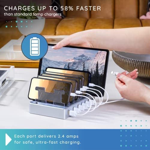 Sleek Silver 6-Port USB Charging Hub – Ultimate Rapid Power Station for Smartphones, Tablets & Electronics – Perfect Multi-Device Charger for Home and Office Efficiency