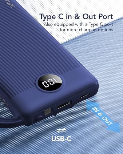 VRURC 10,000 m Ah Slim Power Bank – Ultimate Multi-Device Portable Charger with Built-in Cables, 5 Outputs & Dual USB-C Inputs for i Phone, Samsung, Android – Travel Essential for On-the-Go Power Solutions