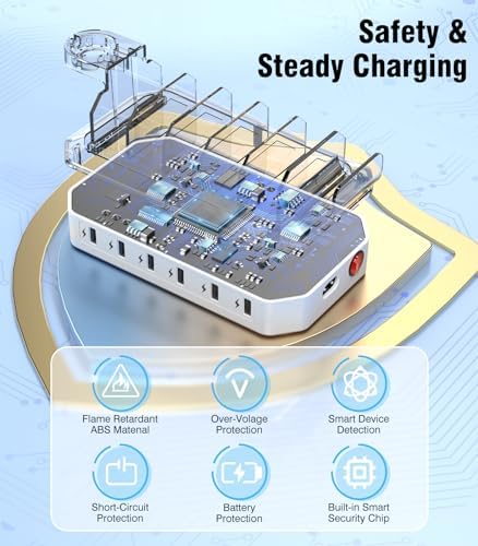 Ultimate 2025 6 Port Fast Charging Station – Multi-Device USB Dock with Safety Certification, 6 Cables & 2 Stands for Smartphones, Tablets, Kindles, Smartwatches – Streamlined Power Hub for Home, Office, and Travel