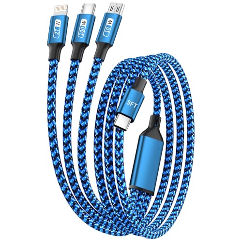 Power Up Your Devices with the 100 W USB C Multi Charging Cable – 3-in-1 Fast Charging Solution Featuring E-Mark Chip for Enhanced Safety and Universal Compatibility with USB C, Lightning, and Micro USB Devices – 5 FT Length, 2-Pack for Ultimate Convenience and Efficiency in Charging Smartphones, Tablets, Laptops, and More