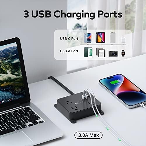 TROND Ultra Thin Flat Extension Cord with 3 USB Ports and 3 AC Outlets – Sleek Wall-Mount Power Strip for Smart Charging in Small Spaces – Perfect for Home, Dorms, and Workstations – Compact Surge Protector for Modern Electronics