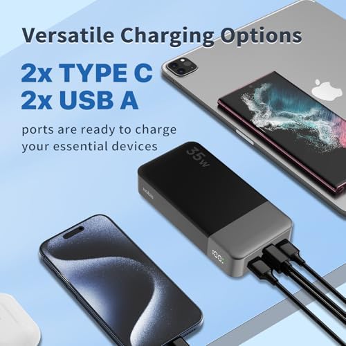 NOBIS 20000 m Ah Portable Power Bank – 35 W Fast Charging Battery Pack with USB-C Cable & Digital Display for Ultimate Device Compatibility – Stay Charged on the Go!