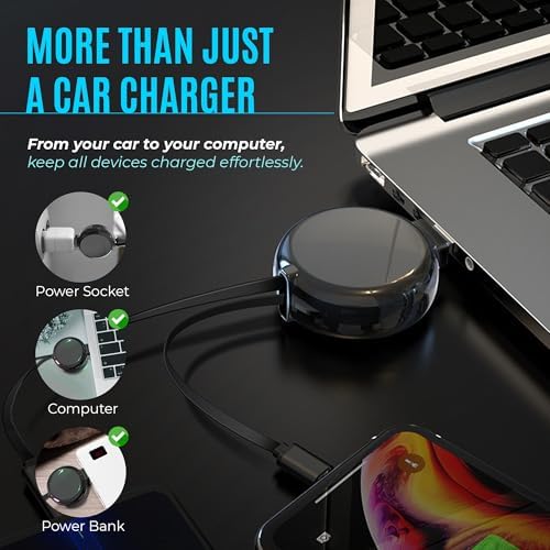 Dual-Use 15 W Fast Charging Retractable Car Charger for i Phone & Android | Travel-Friendly Tangle-Free Design | Wall Outlet & PC Compatible | Ultimate Power Solution for Busy Lifestyles