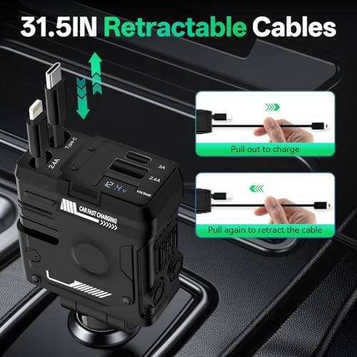 Revolutionary Retractable 4 in 1 Car Charger with Starlight Design – Fast Charging USB-A & USB-C Compatibility for i Phone 16/15/14/13/12/11/X, Galaxy, and Pixel Devices – Multi-Device Power Solution for Modern Drivers