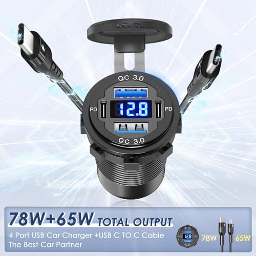 High-Power 78 W 12 V USB Car Charger – Qidoe 4-Port Dual 30 W PD & Quick Charge 3.0 Aluminum Socket with Built-in Voltmeter & 3 FT Coiled C to C Cable for Ultimate Charging Efficiency in Cars, Boats, & RVs