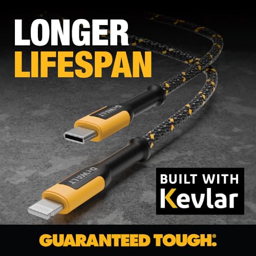 DEWALT MFi Certified Lightning to USB C Charging Cable – 4 FT Reinforced Braided Cord for Apple Devices – Fast Charge & Data Transfer – Durable, Tangle-Free Design for i Phone & i Pad Compatibility