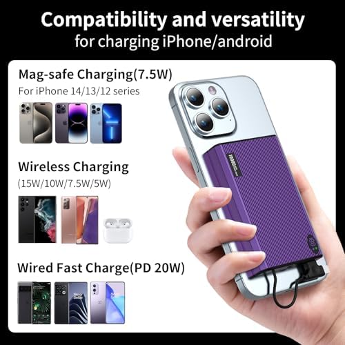 Ultra-Slim Magnetic Power Bank – 10,000 m Ah Portable Charger with Built-In Cable for i Phone 15/14/13/12 – Fast 20 W USB-C Two-Way Charging, Lightweight & Compact Design in Stylish Gray – Essential Travel Power Solution