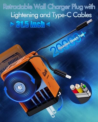 Revolutionize Your Charging Experience with the W&O 45 W Ga N Dual Device Fast Charging Wall Charger – Ultra-Compact with Retractable Lightning & Type-C Cables for i Phone 16/15/14/13/12/11, Galaxy S25/24, and All Android Devices – Perfect Travel Companion for Enhanced Speed, Versatility, and Portability