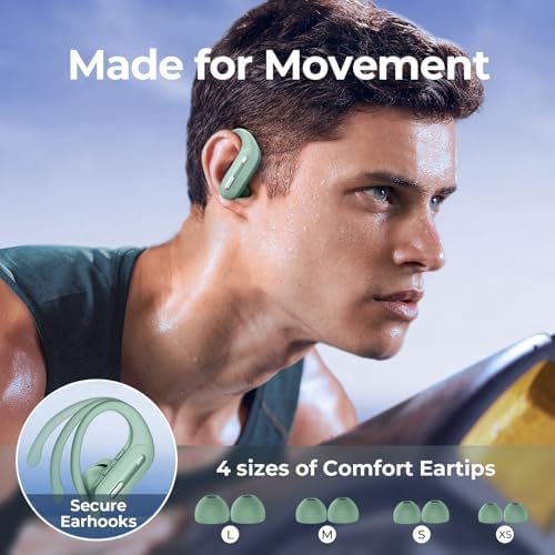Mint Green Wireless Earbuds with Bluetooth 5.3 – 90-Hour Playtime Sports Headphones Featuring Waterproof Design, Secure Over-Ear Hooks, and Real-Time Battery Monitoring for Active Lifestyles and Android Compatibility – Premium Comfort with Superior Sound Quality