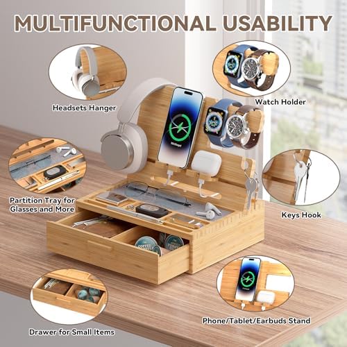 Pezin & Hulin Wooden Charging Station, Bedside Nightstand Tray, with Spacious Drawer, Felt Pads for Phones, Watch, Idea Gifts for Him Birthday, Son, Christmas for Papa Fathers Day – Enhanced Compatibility and Speed