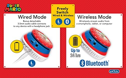 Super Mario Kids Bluetooth Over-Ear Headphones – Safe Volume-Limiting Sound for Young Ears, Adjustable Fit for Growing Kids, Rechargeable with Integrated Microphone for Learning and Travel Fun