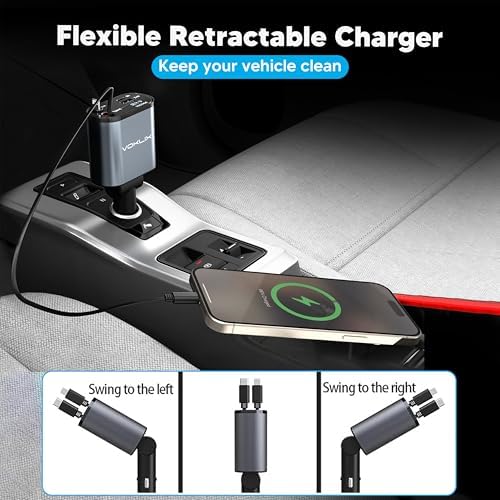Ultimate 4-in-1 Retractable Car Charger – 66 W High-Speed USB Adapter with 2.6 ft Cables for i Phone 15/14 Pro – Fast Charging, Tangle-Free Design, Dual USB Ports for Multiple Device Compatibility – Ideal Travel Companion for On-the-Go Charging