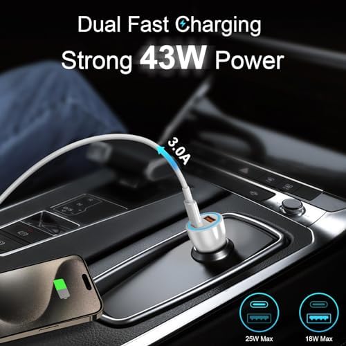 MFi Certified Apple i Phone 16 & 15 Car Charger – 43 W USB-C Fast Charging Adapter with 3.3 FT Cable for Pro, Max & Plus Models – Dual Port PD & QC 3.0 Technology for Ultimate Charging Efficiency on the Go