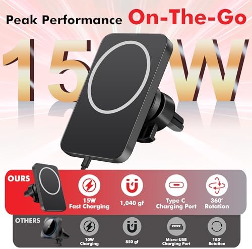 Effortless Driving: 15 W Mag Safe Car Mount Charger for i Phone 12-16 Pro Max – Ultra-Magnetic Wireless Holder with Fast Charging, Space-Saving Vent Design, and One-Handed Operation for Seamless Connectivity