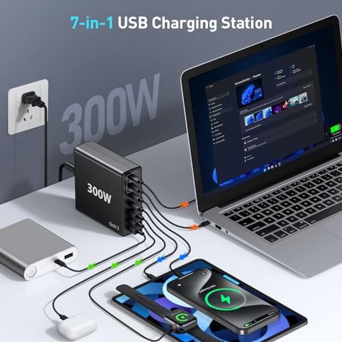 Power Up Efficiently: 300 W 7-Port USB-C Fast Charger Station – Dual PPS PD 100 W Laptop Power Adapter for Multi-Device Charging – Compact & Reliable Wall Hub in Blue – Perfect for Home & Office Use