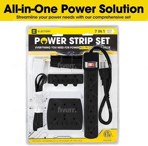 Comprehensive 7-Piece Multi-Outlet Power Management Kit – Versatile 6 Outlet Power Strip, Dual Outlet Extenders, 5 Ft Indoor Extension Cord & 3 Prong Adapters for Enhanced Compatibility – Essential Home & Office Surge Protection Solution in Sleek White Design