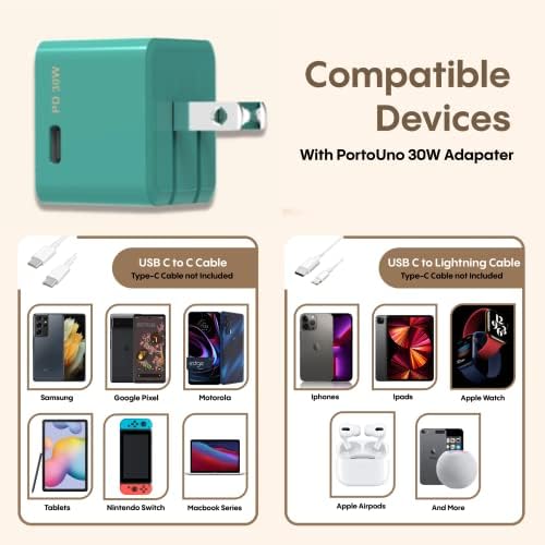 Rapid X Porto Uno USB-C 30 W PD Power Adapter – Compact Fast Wall Charger for i Phone 15, i Pad Pro, Samsung & More – Foldable Design with Side Port for Easy Travel – Enhanced Speed & Universal Compatibility in Sleek Teal Finish